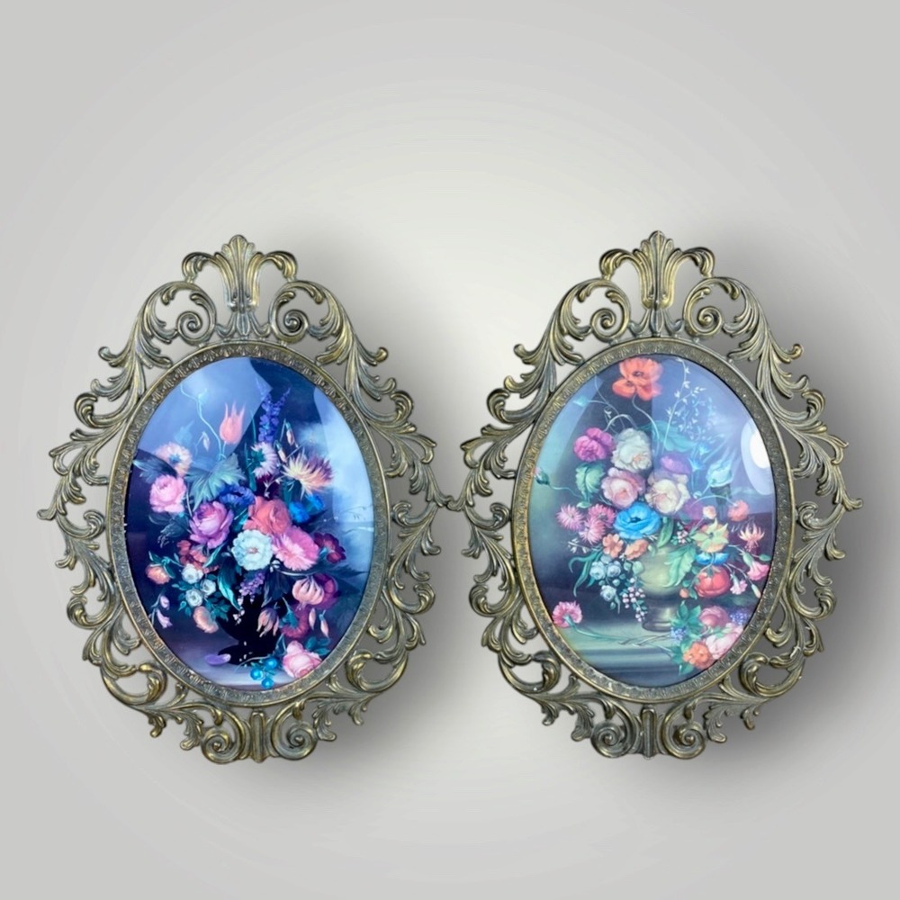Italian Brass Convex Bubble Glass Floral Frames Ornate Pair 1940s 50s